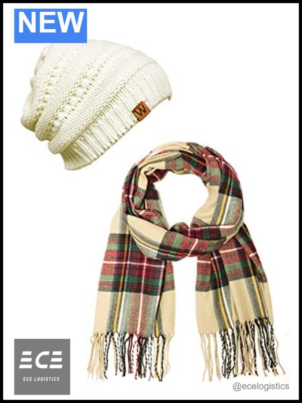 Plaid Print Long Scarf and Beanie Hat Set Acrylic Winter Warm